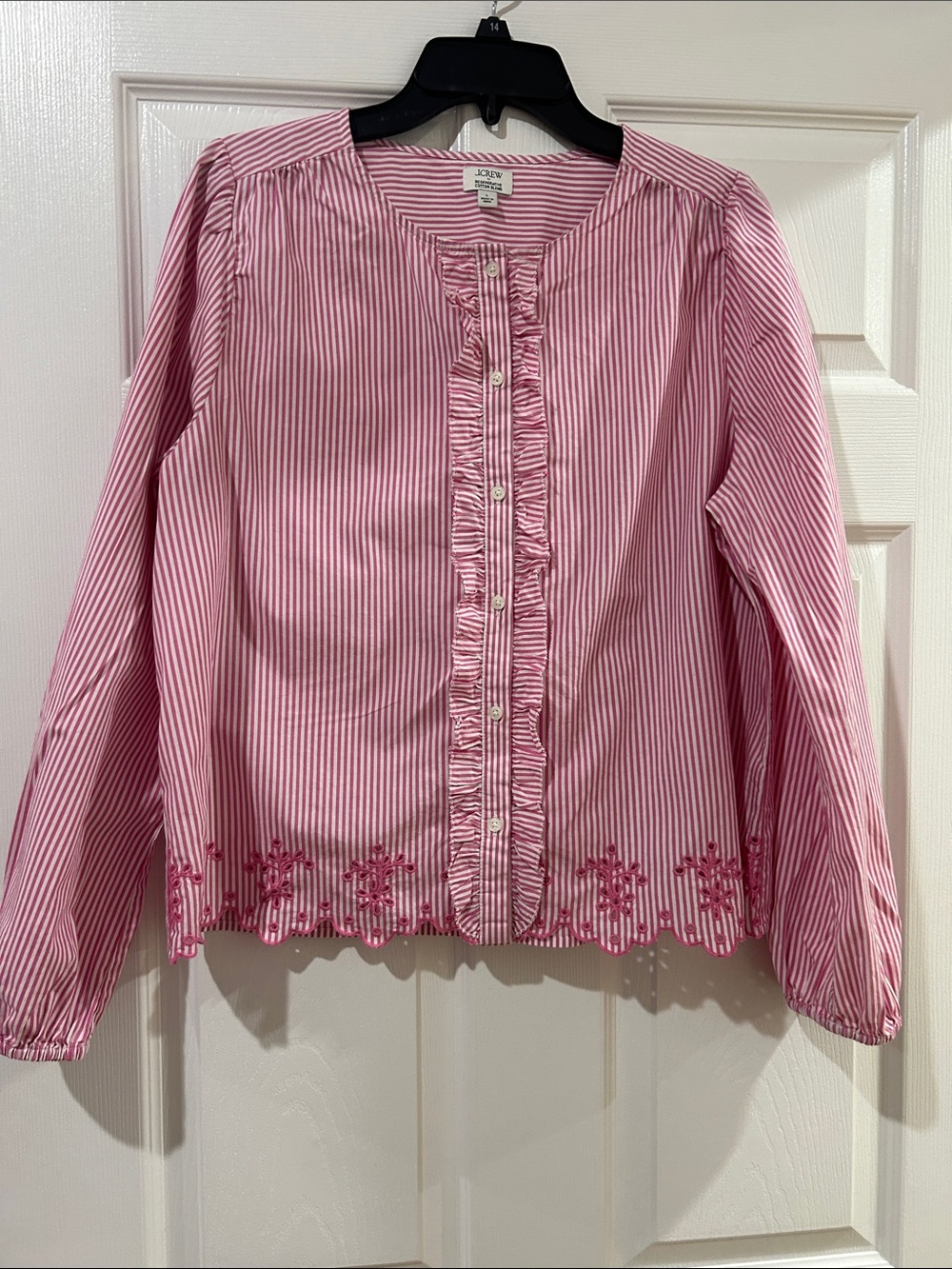 J. Crew Pink Striped Ruffle Front Blouse with Embroidered Hem